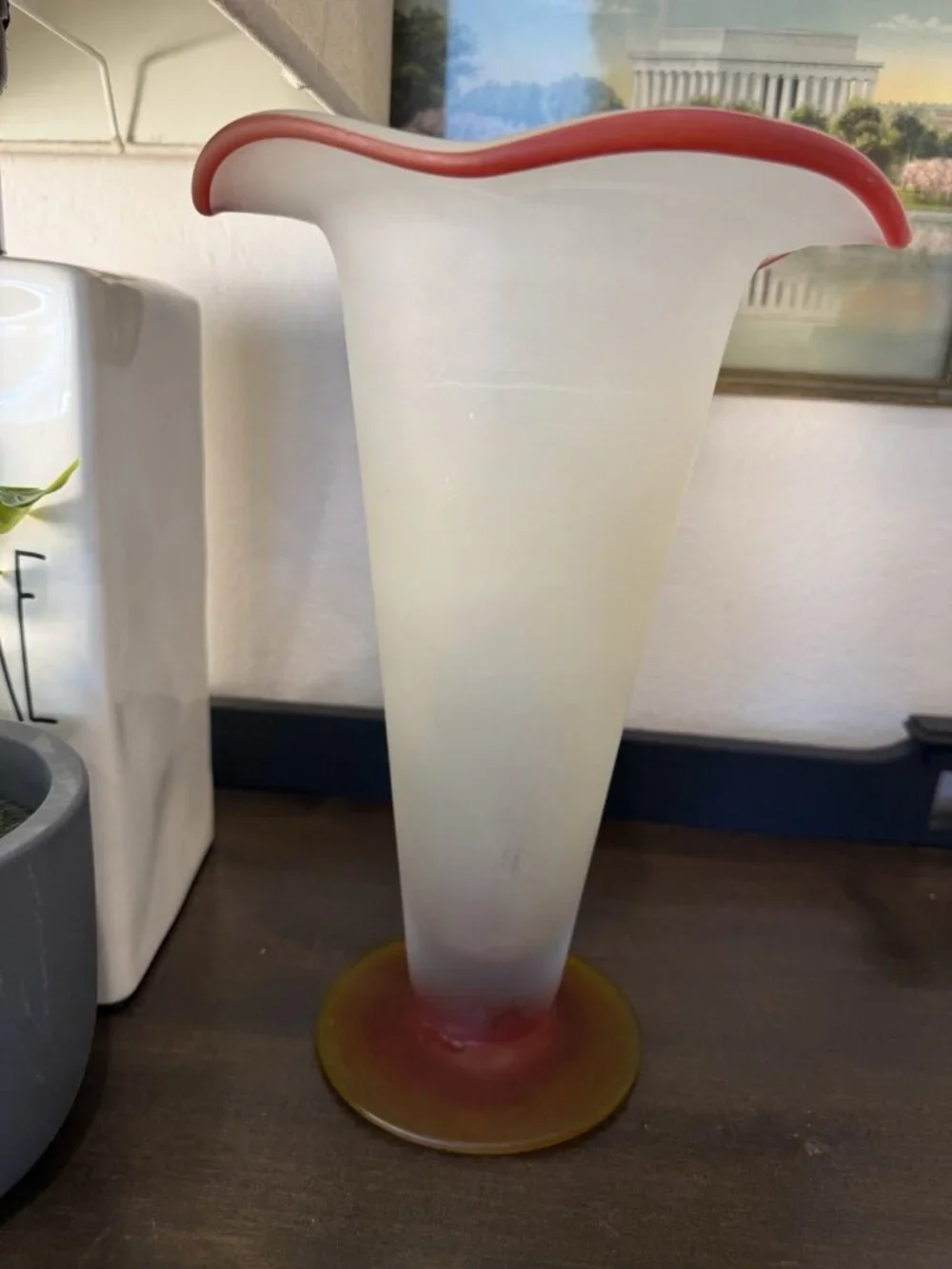 Vintage Mid-Century Art Glass Handkerchief Vase – Frosted White Red Amber – 11”